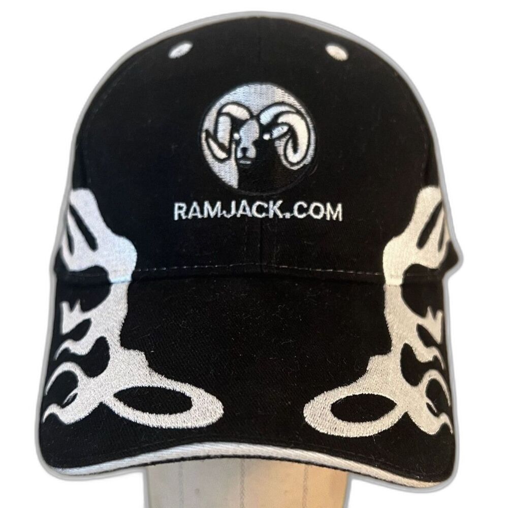 1990s Deadstock Vintage Ramjack.com Black & White Flames Baseball Hat Cap OSFA